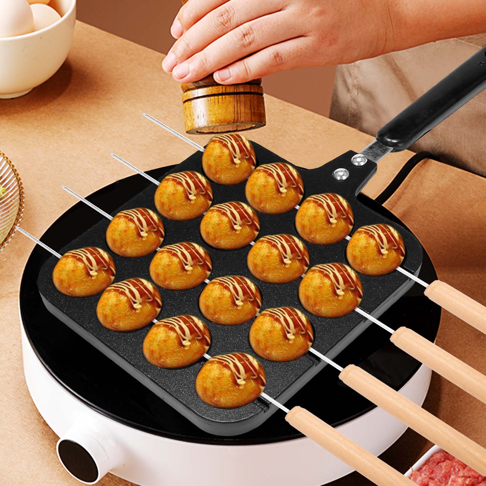 Takoyaki Grill Plate - 16穴アルミ製たこ焼き器グリルパン、タコ焼きプレート、家庭用調理ベーキング型、ベーキングトレイ、キッチンツール