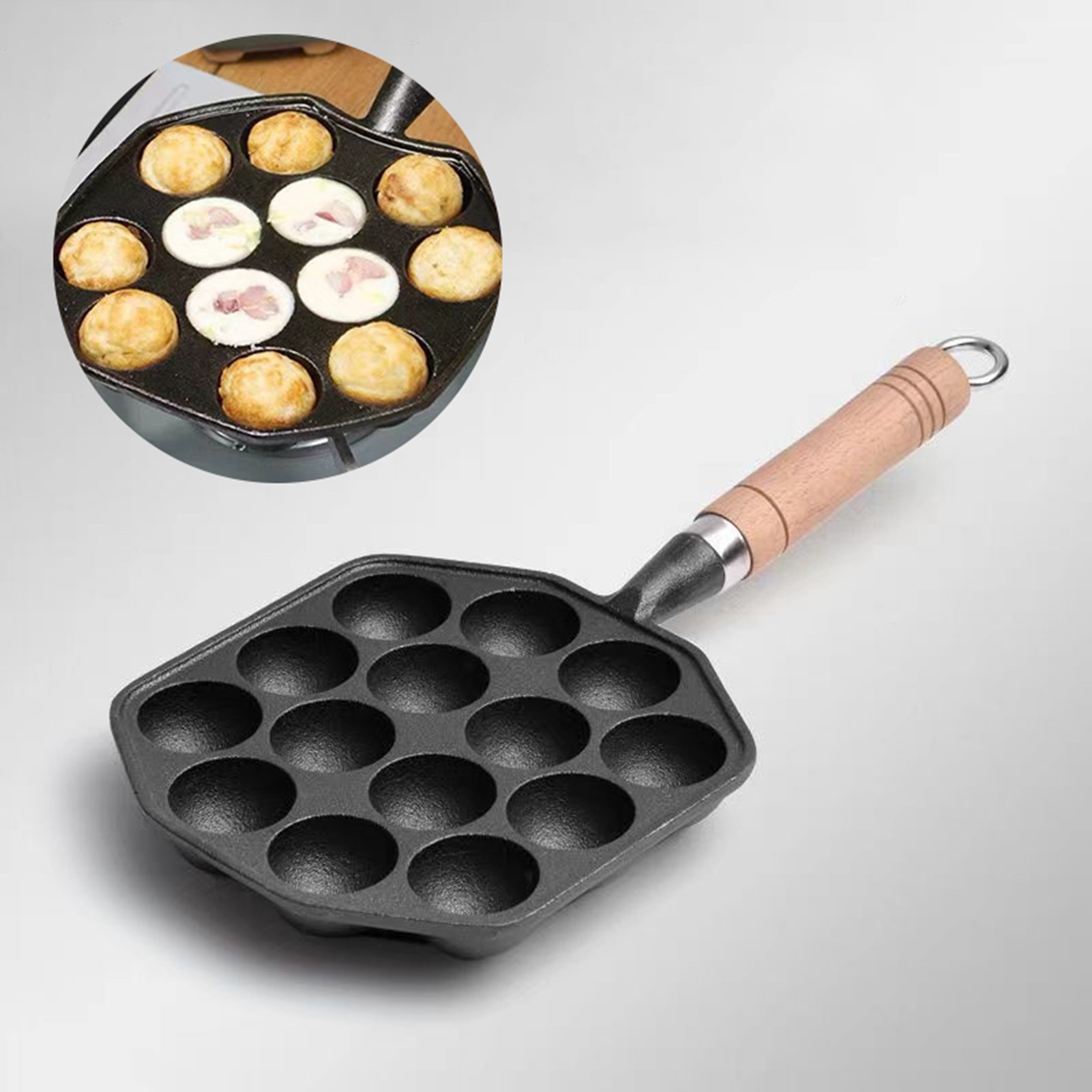 Takoyaki Grill Plate - 取り外し可能なハンドル付きの焦げ付き防止の鋳鉄鍋,タコ,肉用の調理型,14穴