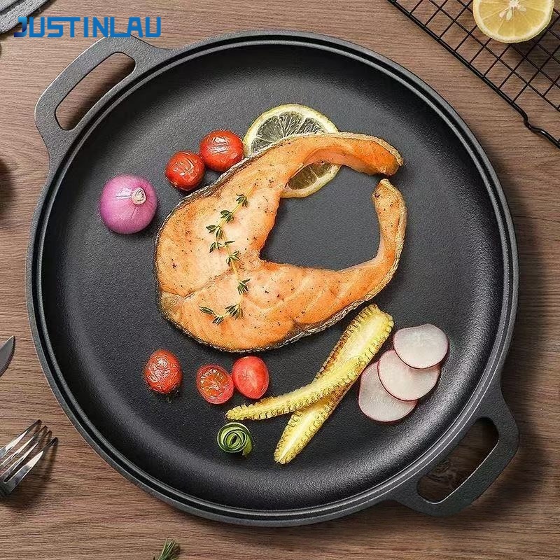 Mini Pancake Griddle - JUSTINLAU ダブルイヤーフライパン 鋳鉄製卵ステーキスキレット 厚みのあるノンスティックパンケーキ グリル肉用パン ホームバーベキューツール