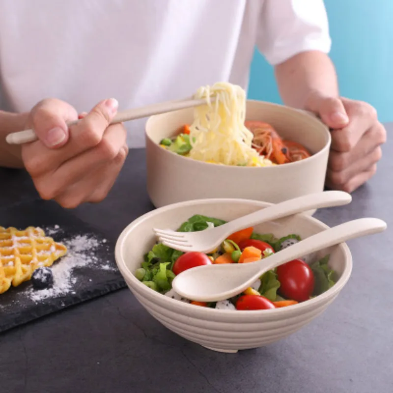 Dim Sum Basket - 大容量小麦わらライスボウル落下防止設計蓋付き食器セットポータブル浸し麺ボウル家庭寮用