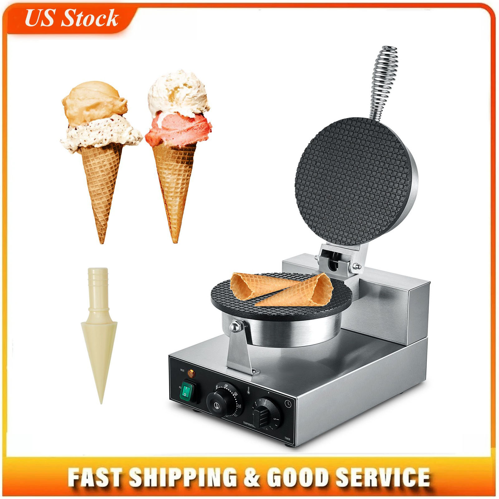 Waffle Cone Maker - 電動アイスクリームコーンメーカー、業務用1230Wワッフルコーンマシン、焦げ付き防止ステンレス鋼エッグロール型、温度と時間制御機能付き、ハンドル付き、レストラン、ベーカリー、スナックバー、家族向け